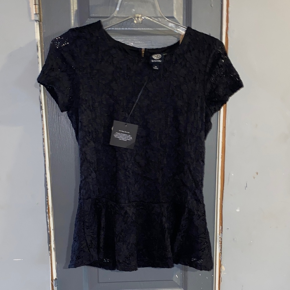 Bobeau Navy Lace Peplum Blouse